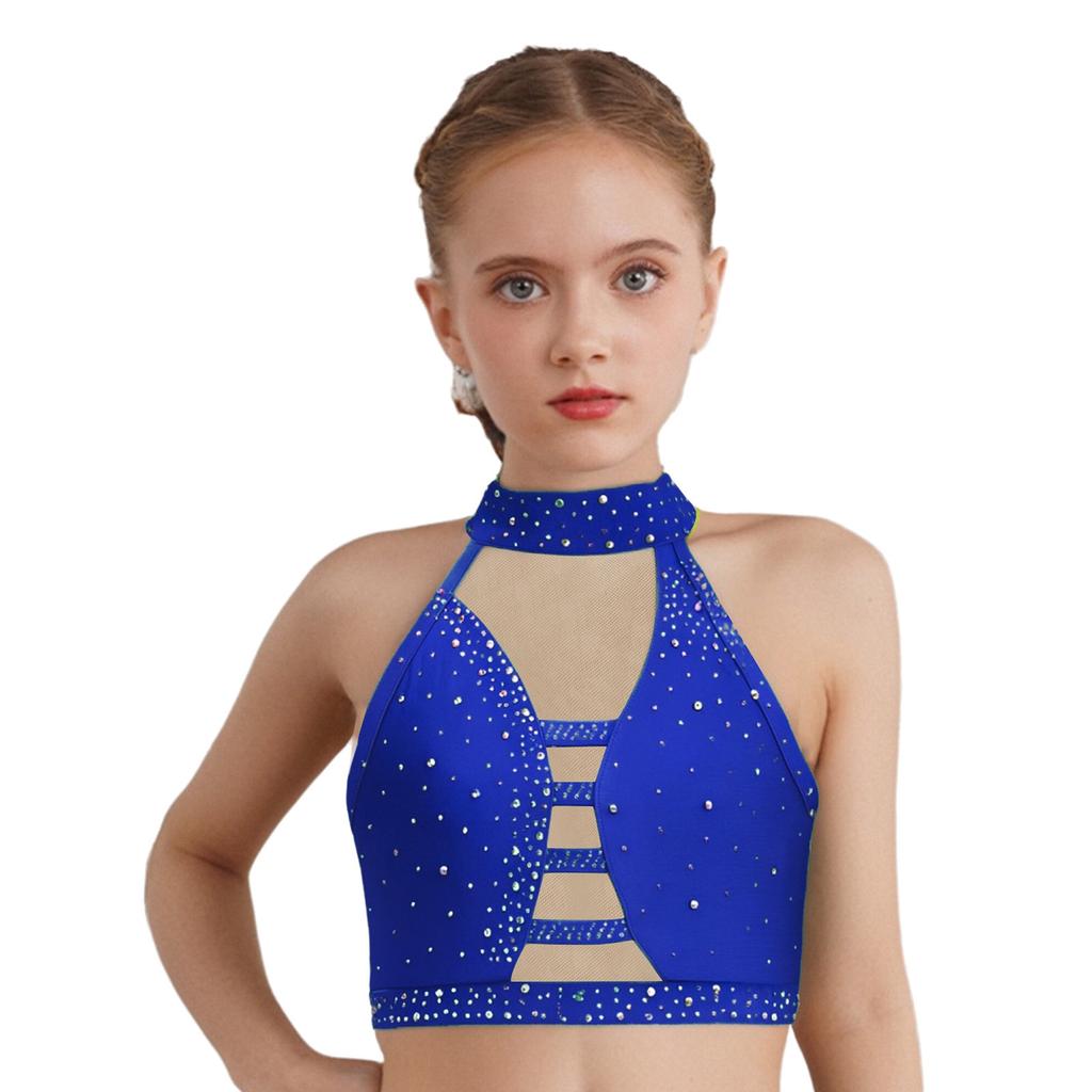 Girls Latin Dance Crop Top Halter Sleeveless Crisscross Back Mesh Patchwork Sparkling Rhinestones Vest