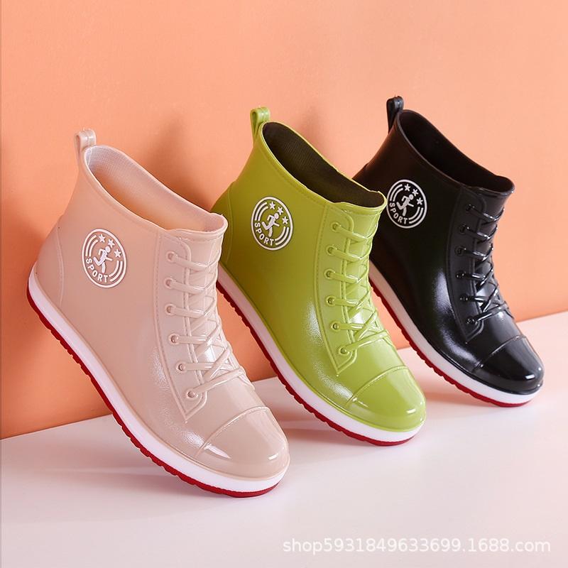 Women Ankle Rain Boots Lace Up Canvas Style Waterproof PVC Rubber Wellies Non Slip Casual Short Rain Shoes