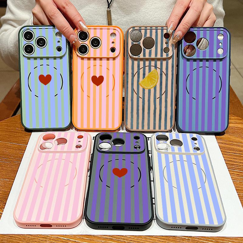 Stripe Heart Pattern Case For iPhone 17 18 Pro Max For iPhone 16 15 14 13 Pro Max Magnetic For Magsafe Skin Feel Hybrid Phone Cover