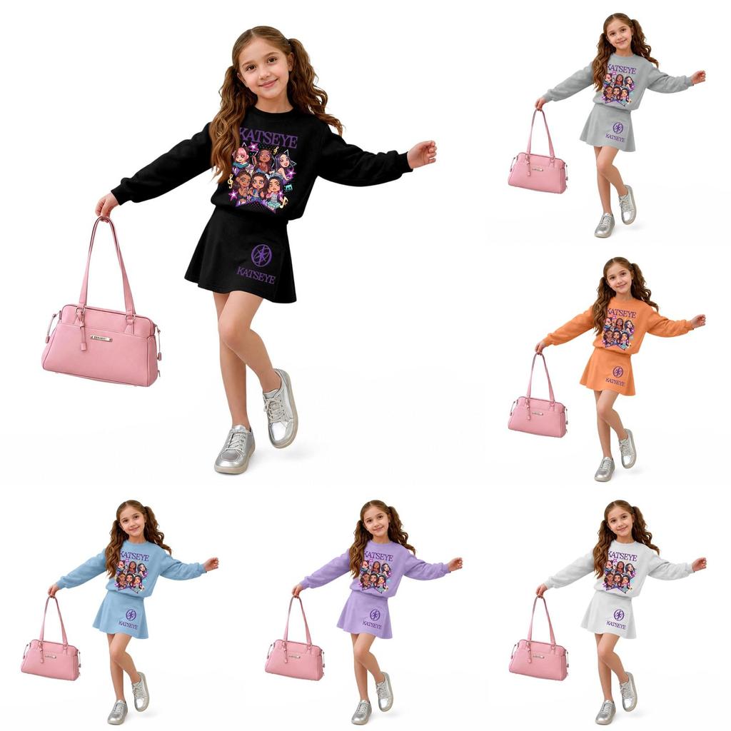 Girls' Long Sleeve Neck Top and Skirt 2 Piece Casual Outfit Set for Everyday Wear