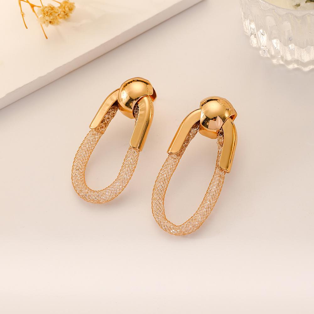 2023 New European And American Fashion New  Light Luxury Style Simple Earrings Oval Geometric Shape Metal Color Mesh Chain Exaggerated Earrings
