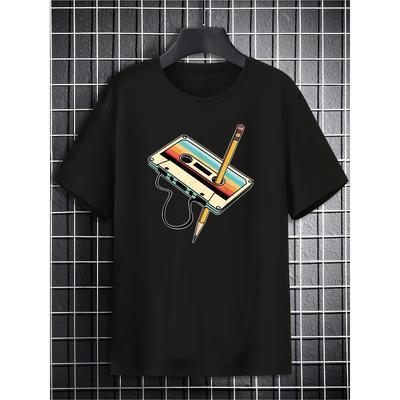 Retro Cassette Print T-Shirt - -Elastane Blend, Casual Crew Neck, Slight Stretch, Summer Knit Fabric Top for Men