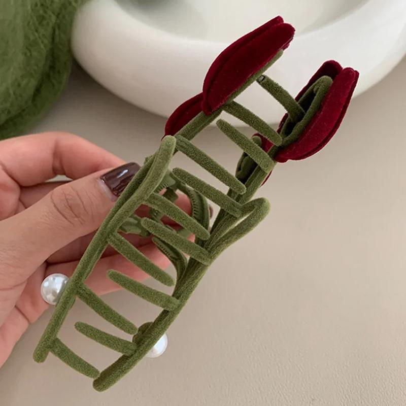 Retro Red Velvet Tulip Hair Clip Sweet Girly Pearl Hair Clip Design Velvet Tulip Hair Elegant Metal Shark Clip Hair Accessories