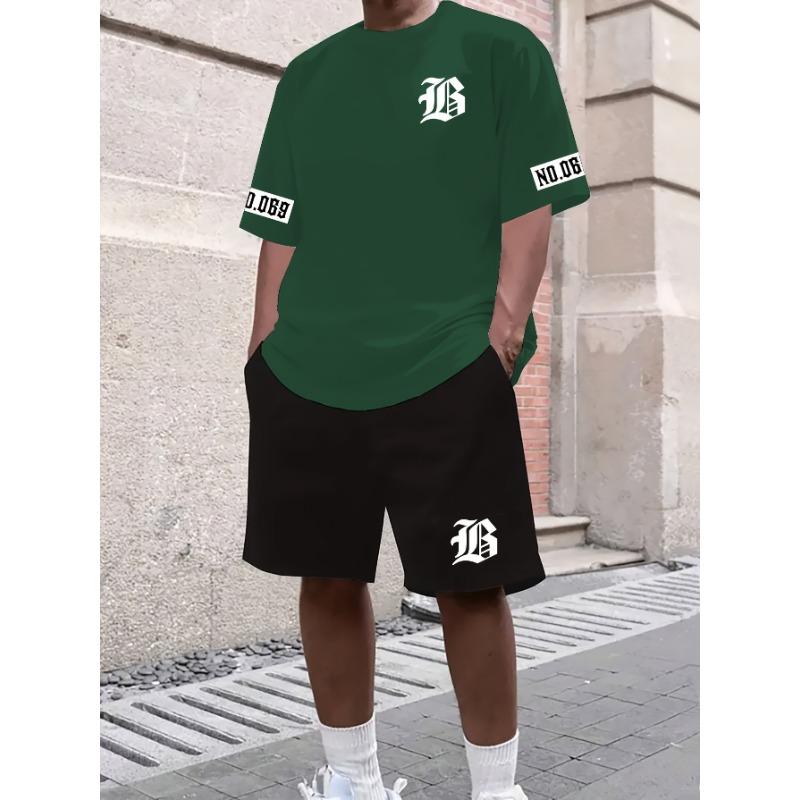 Men's Letter Pattern Casual Sports Set - Short Sleeved Shirt and Shorts