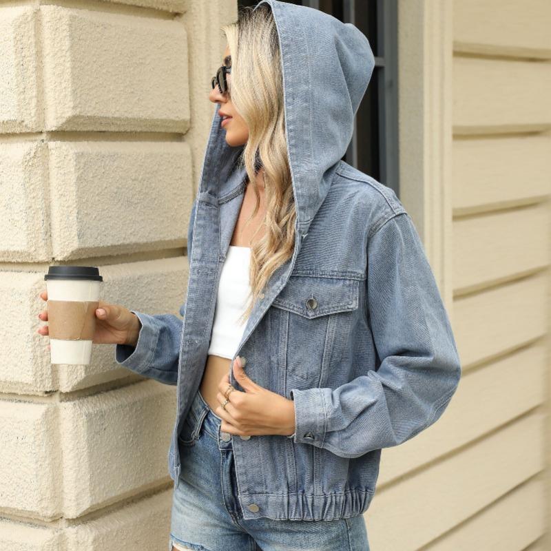 Washed Hooded Denim Jacket Loose Long Sleeve Casual Outerwear For Women