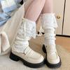 Women Aesthetic Ribbed Knit Stretch Leg Warmer Japanese Boot Cover Sweet Ruffled Lace Trim Bows Leg Sleeve Long Socks