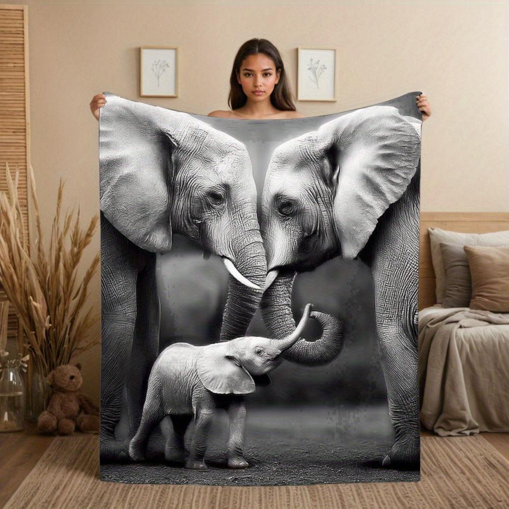 1pc Elephant Family Love Flannel Throw Blanket - Black & White Elephant Herd Print (s & Elephants) - Soft Cozy All-Season Lightw 70x100cm