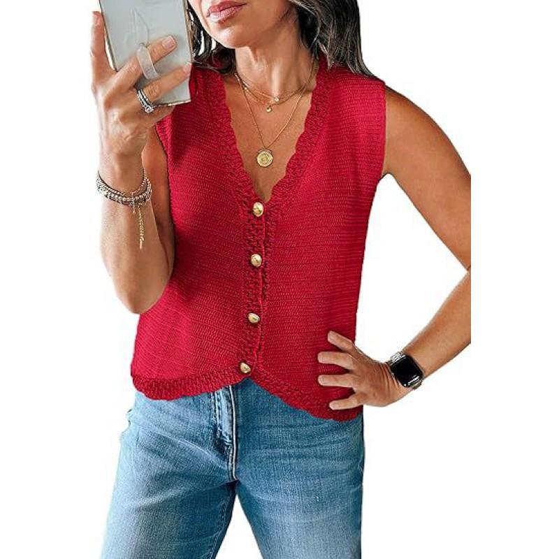 Womens V-Neck Sleeveless Knit Cardigan Short Loose Fit Casual Top With Button Front
