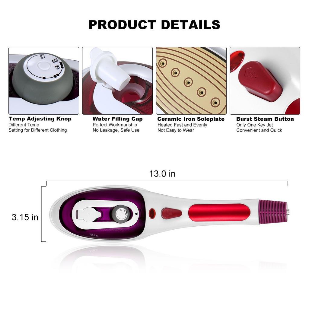 Portable Steam Brusher Handheld Garment Steamer Fast Heat Up Removable Water Tank Steam Iron
