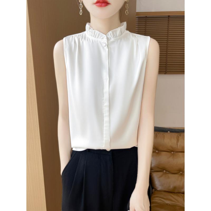 Women Beige Sleeveless Blouse With Ruffle Neck And Button Down Casual Silk Like Summer Top