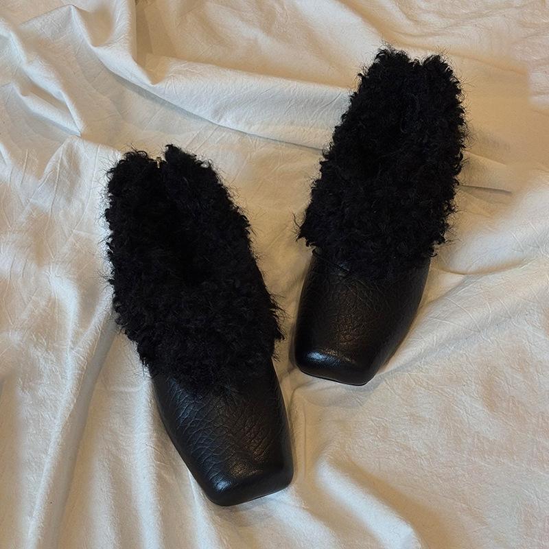 Sheepskin version~ New velvet warm fluffy shoes for women's inner height increase, flat bottom versatile square head comfortable leather shoes