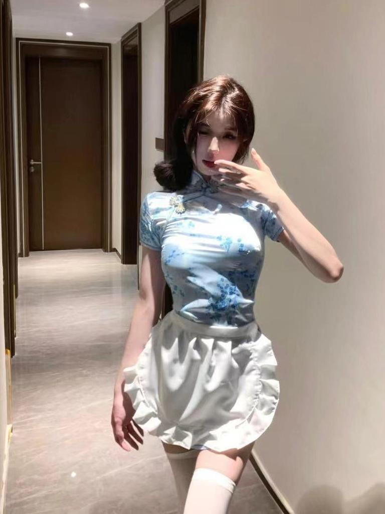 Chinese Niang Qipao Lingerie Apron Maid Outfit - Retro Mini Skirt Two-Piece Set