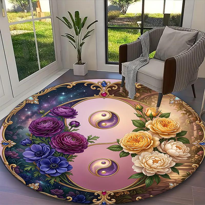 1pc Soft Purple Yellow Rose Yin Yang Printed Chair Rug for Home Office Use, Living Room Kitchen Game Room Round Carpet