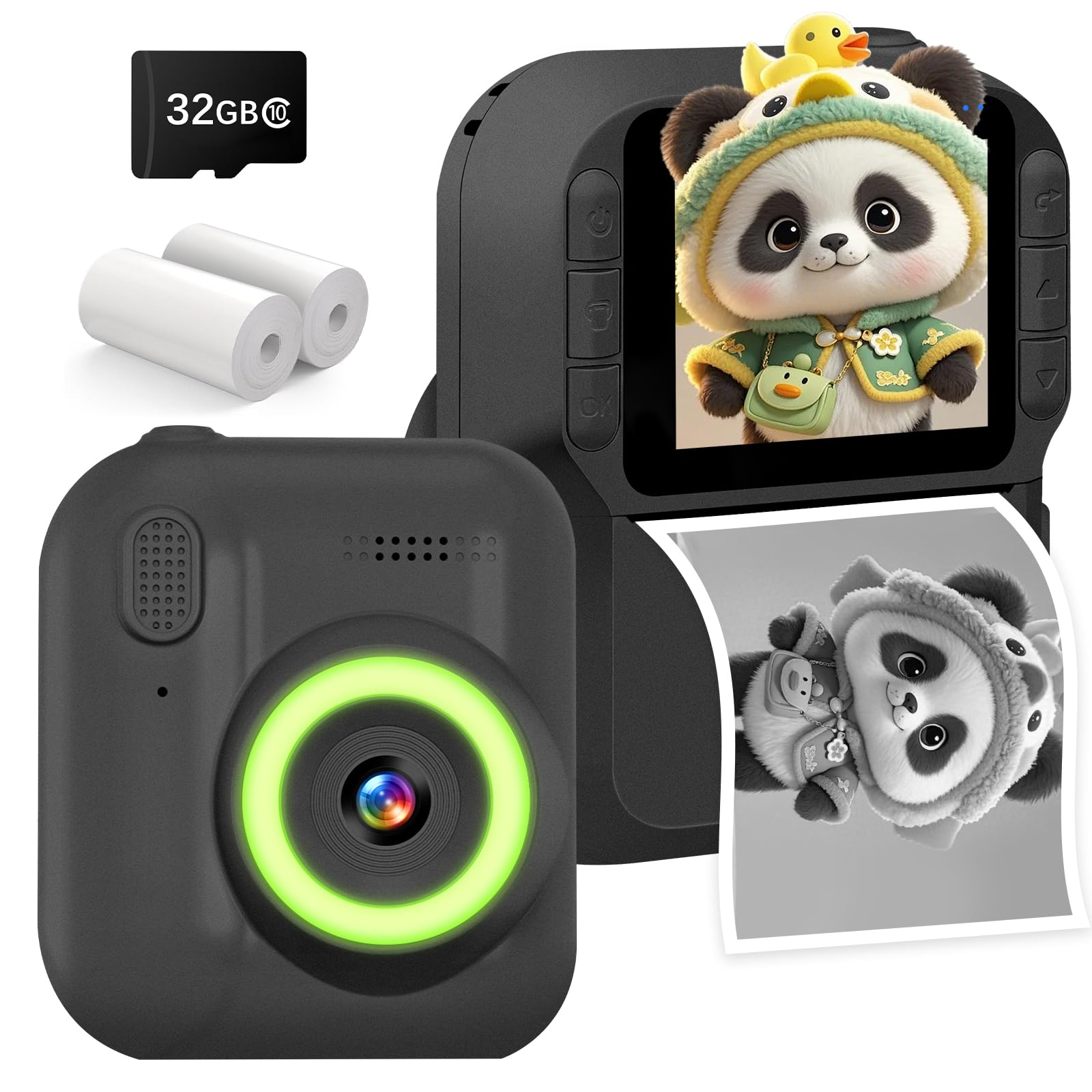 

for Thermal Print Large IPS Ages Boys and Birthday Educational Black [New 2025] Kids Camera, 48MP, 1080P, 2.0-inch Screen, Type-C Rechargeable, 3-12, зелёный