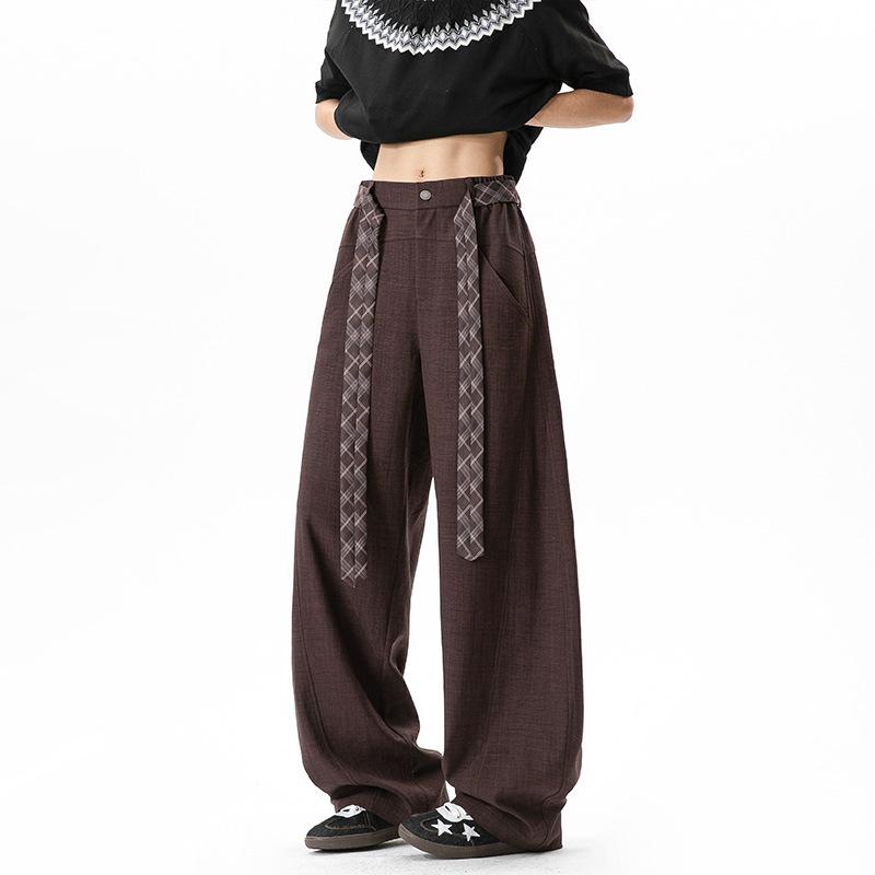 Vintage Contrast Plaid Belted Wide Leg Loose Casual Pants For Men