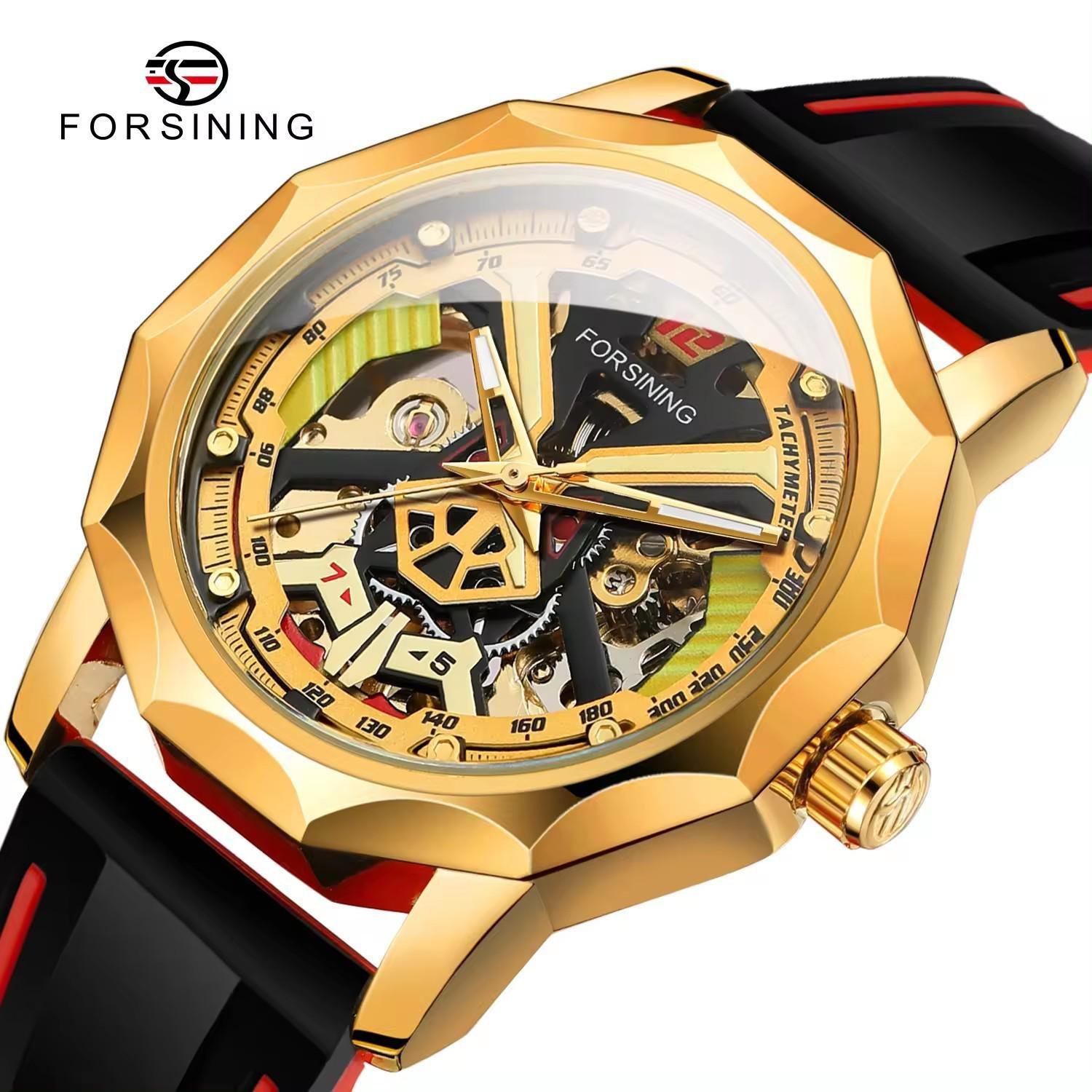 

FORSINING Fashion Gold Skeleton Mechanical Watches for Men Luminous Hands Rubber Strap Hand-Winding Watch Hollow Out Wristwatch золотой