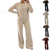 Women's Casual Two-Piece Outfit Set with Round Neck Button Long Sleeve Top and High Waist Ribbed Knit Pants