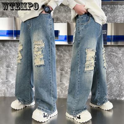 Pantaloni pentru băieți cu găuri, stiluri de primăvară și toamnă, frumoși, casual, lejeri, la modă, cu picior larg