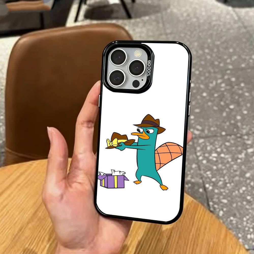 cute Cartoon P-Perry The P-Platypus   Phone Case For iPhone17,16,15,14,13,12,11 Plus,Pro Max Colored Silver Plated Inside Cover