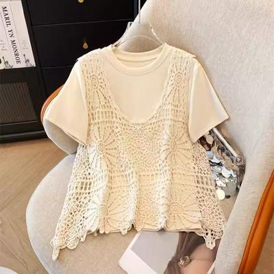 DIMANAF 2025 New Sleeveless Vest Tees Summer Women Beach T-Shirt Basic Fashion Tops Lace Tees Casual Loose White