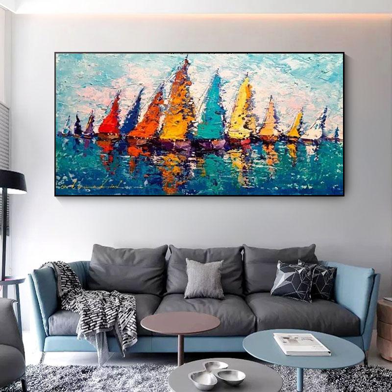 Abstract Landscape Sailboat Colorful Canvas Painting Ship Boat Posters and Prints Wall Art Pictures for CuadrosLiving Room Decor No Frame