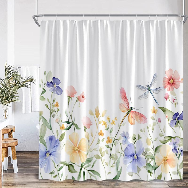 Grüne Blätter Kolibri Duschvorhänge Aquarell Pflanze Blatt Schmetterling Vogel Floral Badevorhang Stoff Heim Badezimmer Dekorationsset