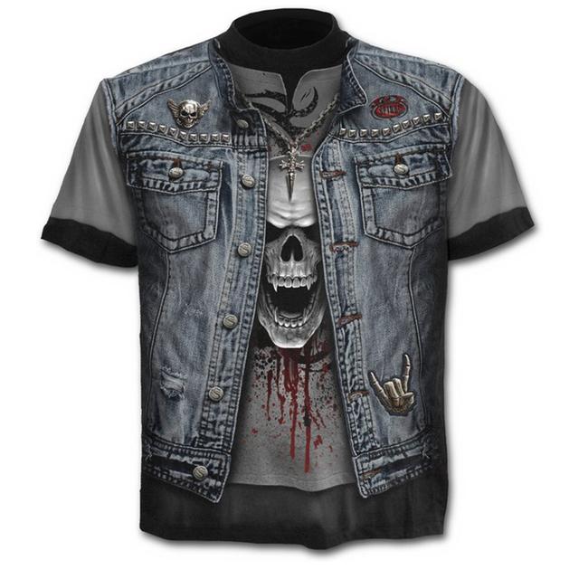 Funny   denim T shirt Men Skeleton tshirt Punk Rock Tshirt leather jacket T-shirts 3d Print T-shirt Vintage Men Clothing