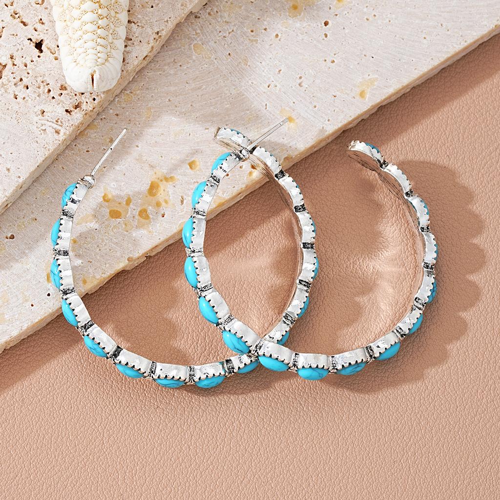 Bohemia Turquoises Earrings Silver Color Round Hoop Earrings for Women Vintage Female Party Earring Fashion Jewelry Accessories
