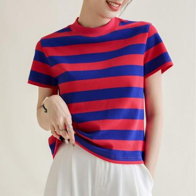 Bawełniany T-shirt Damski z Okrągłym Dekoltem i Krótkim Rękawem 2026 Wiosna i Lato Nowy Pasiasty Top Kontrastowy Niszowy