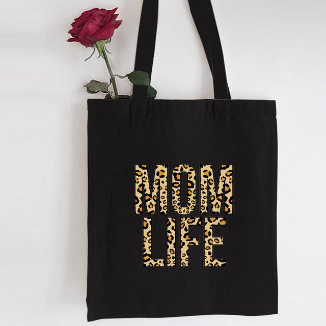 Mama Shopping Canvas Black Bag Mom Life Print Reusable Eco Cloth Travel Bag Foldable Tote Bags Large Capacity Mother Nappy Bag
