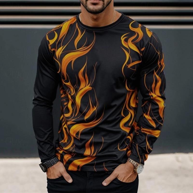Spring and Autumn Round Neck 3D Flame Pattern Printed Top Fashionable Casual Long Sleeved Men's T-shirts