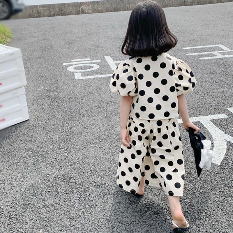 Girl's Summer Polka Dot Suit Middle and Large Baby Temperament Cute Bubble Sleeve Top + Wide Leg Pants Loose Leisure Two-piece Suit