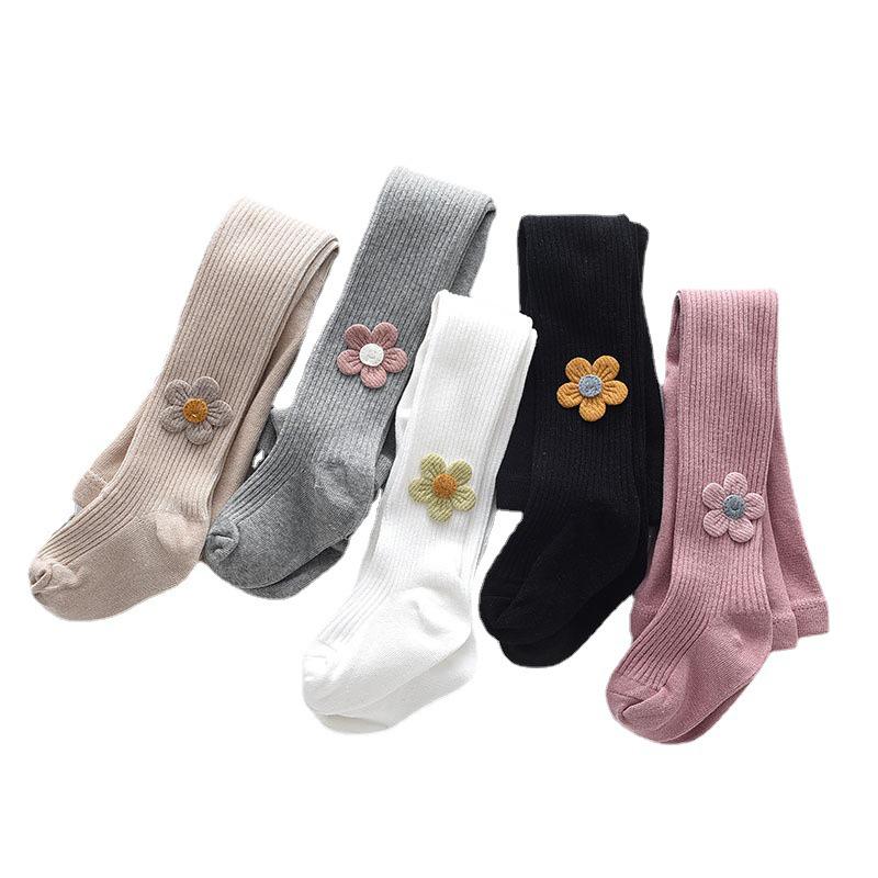 Spring & Autumn Girls' One-Piece Cotton Tights - Solid Striped, Medium Thickness, Sunflower Design