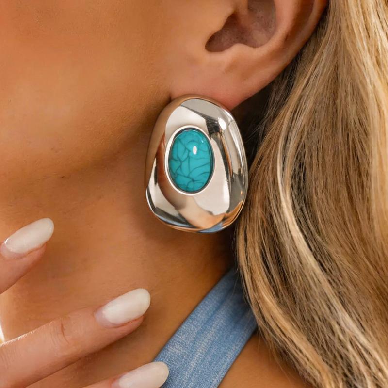 Women's Vintage Turquoise Ear Studs 14K Gold Plated Stainless Steel Non-Fading Oval Earrings for Daily Outings