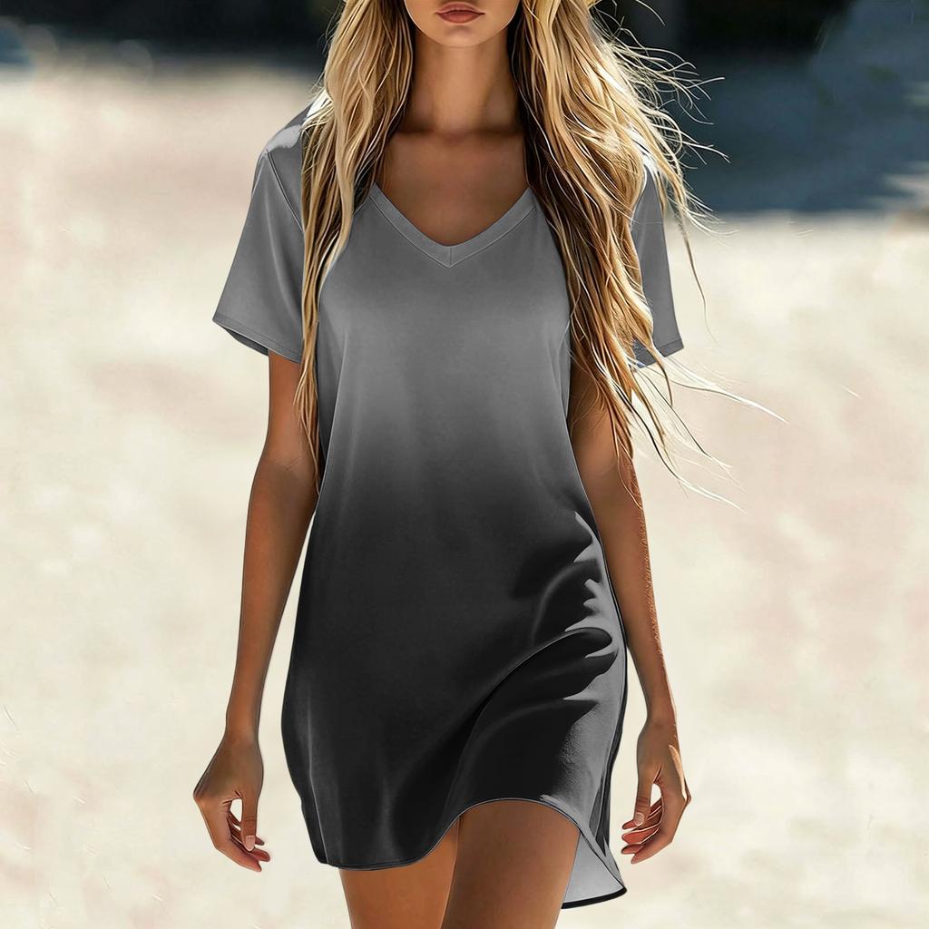 Women's Summer Casual V Neck Short Sleeve Gradient Print Dress Loose Fit Lightweight Soft Fabric Comfortable Wear