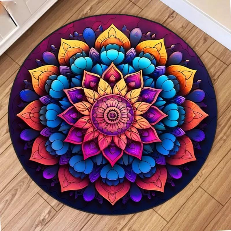 Bohemian Mandala Round Rug Non Slip Vintage Geometric Floral Circle Carpet for Living Room Bedroom Home Decor Floor Mat