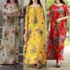 Casual Women Vintage Boho Dress Maxi Loose Long Cotton Dress Floral Sleeve Linen