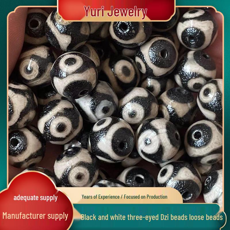 10mm Natural Agate Jade Orange Peel Texture Black  White Three-Eyed Dzi Loose Beads 10mm