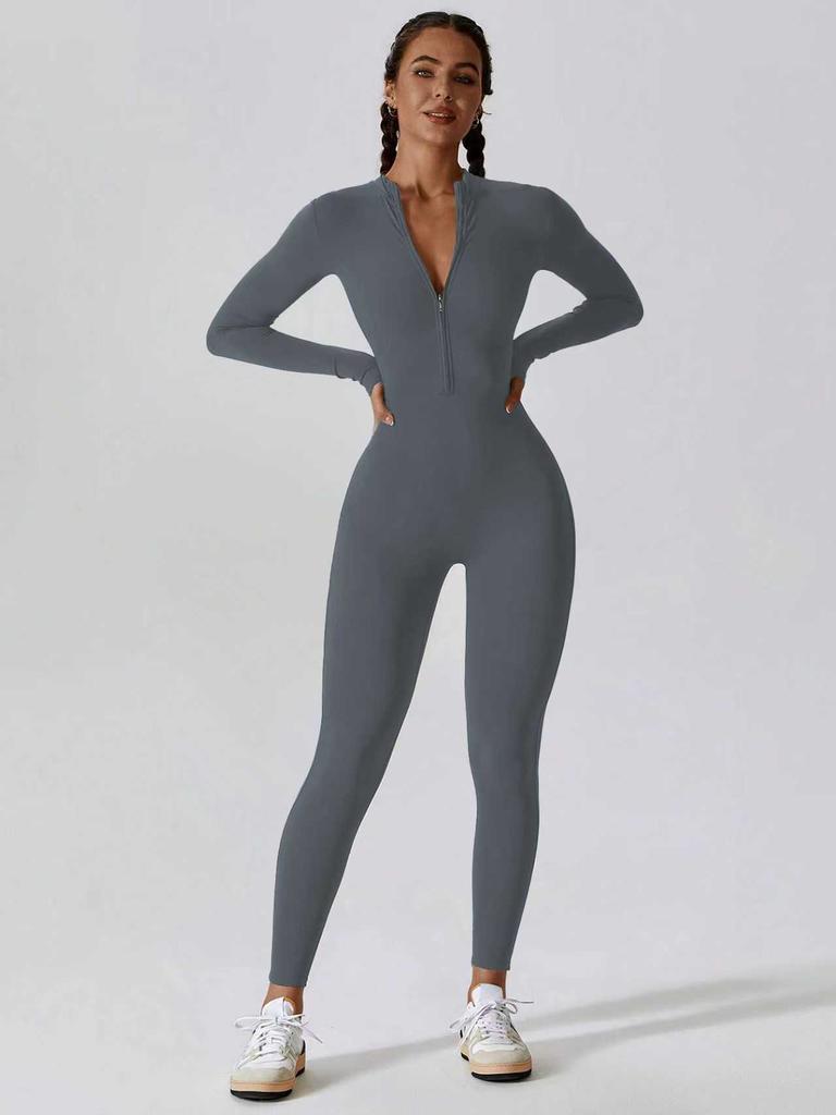 Damen Reißverschluss Langarm Enganliegend Hohe Elastizität Jumpsuit, Sport Yoga Hose, Slim Fit, Bequem und Hautfreundlich.