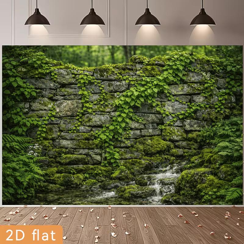 2D Vintage Garden Banner with Mossy Rocks and Ferns Photo Booth Background Cloth