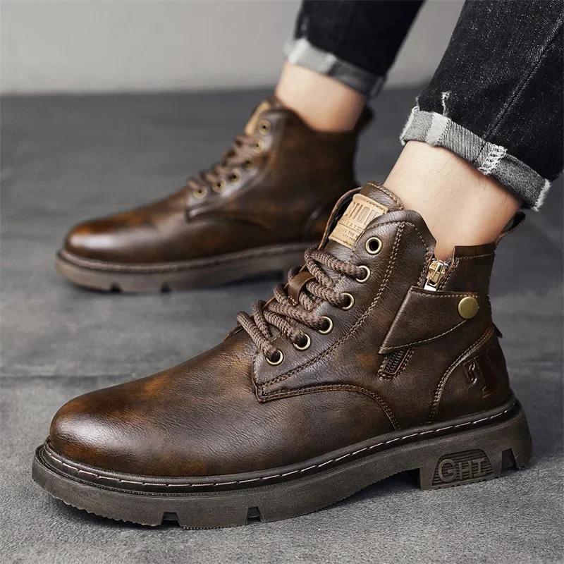 Moda Erkaklar Biker Botinkasi Qish Ochiq Havoda Motosikl Retro Uslub Teri Botinkalar Erkak Yuqori Qo'nji Kundalik Poyabzal Trendy Hamma Narsaga Mos Kiyishga Chidamli88