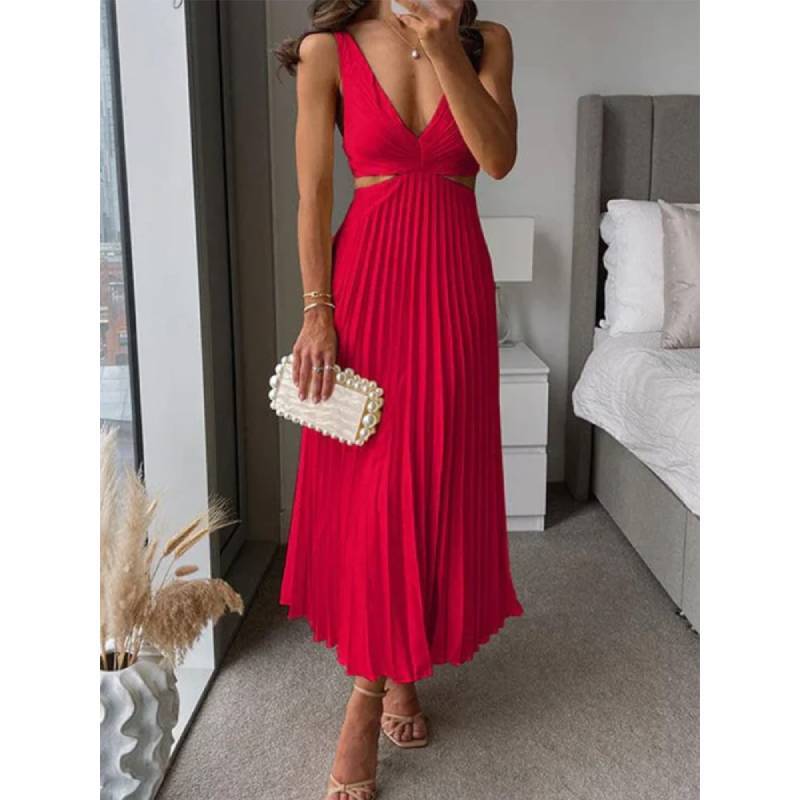 Elegant Summer Sleeveless Vneck Pleated Backless Maxi Dress For Women