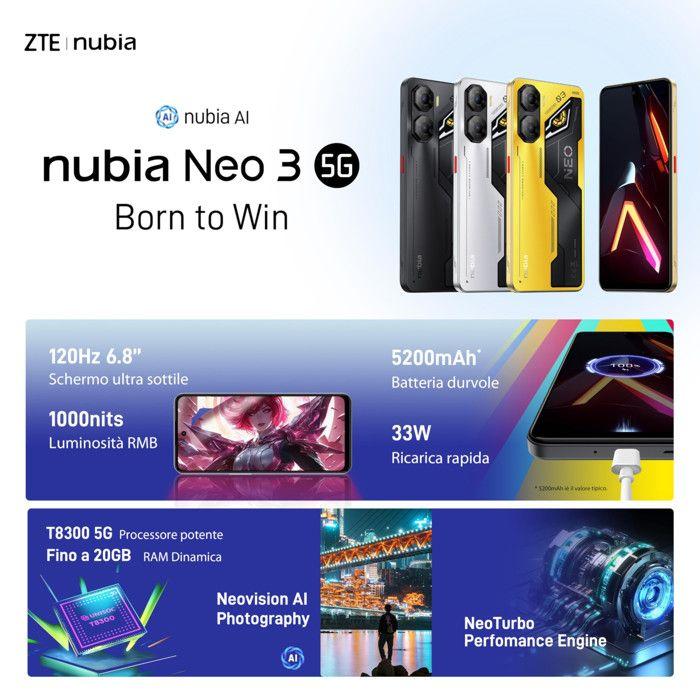 Generalüberholt - Nubia Neo 3 5G Smartphone Gaming 6.8" FHD+ 120Hz, 8GB RAM + 256GB ROM, Android 15, Kamera 50MP, Batterie 5230mAh, Dual-SIM, NFC, Tit