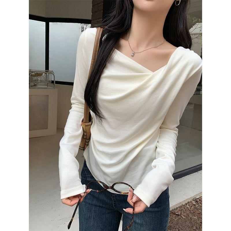 Spring and Autumn Gentle Style Slim Long Sleeve T-Shirt Women's Irregular Twist Slim Top