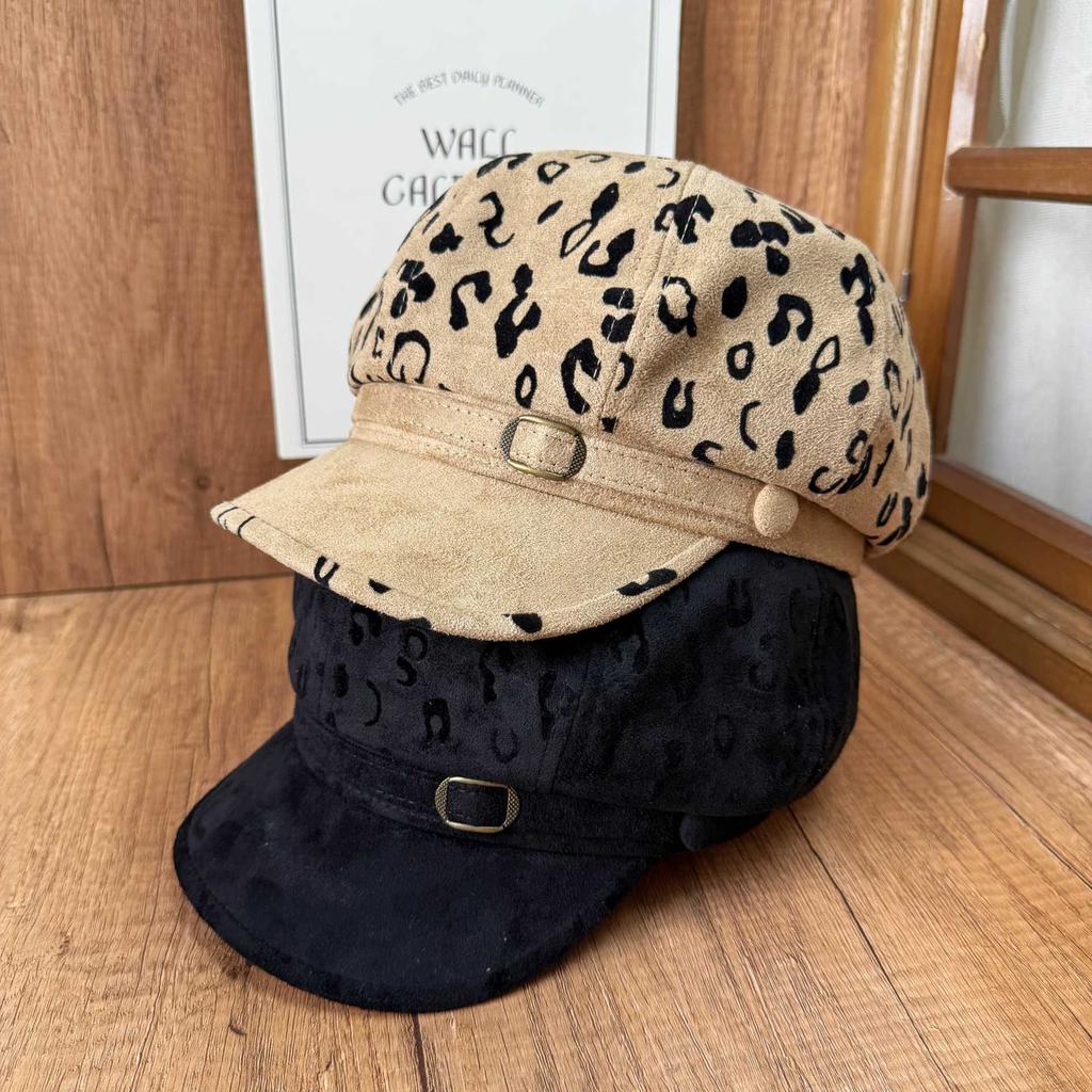 American retro leopard print beret women's autumn and winter four seasons big head circumference showing face small octagonal hat fashionable literary