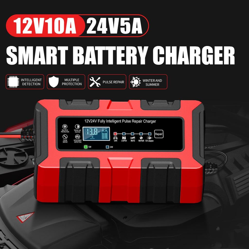 12V/24V 10A Smart Pulse Car & Motorcycle Battery Charger with Large Display