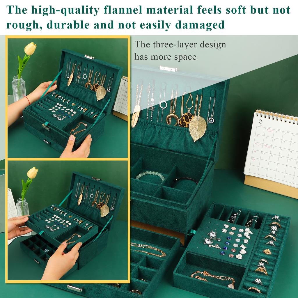 Vintage Green Flannel Jewelry Box For Women Girls, 3-Layer Large Capacity
