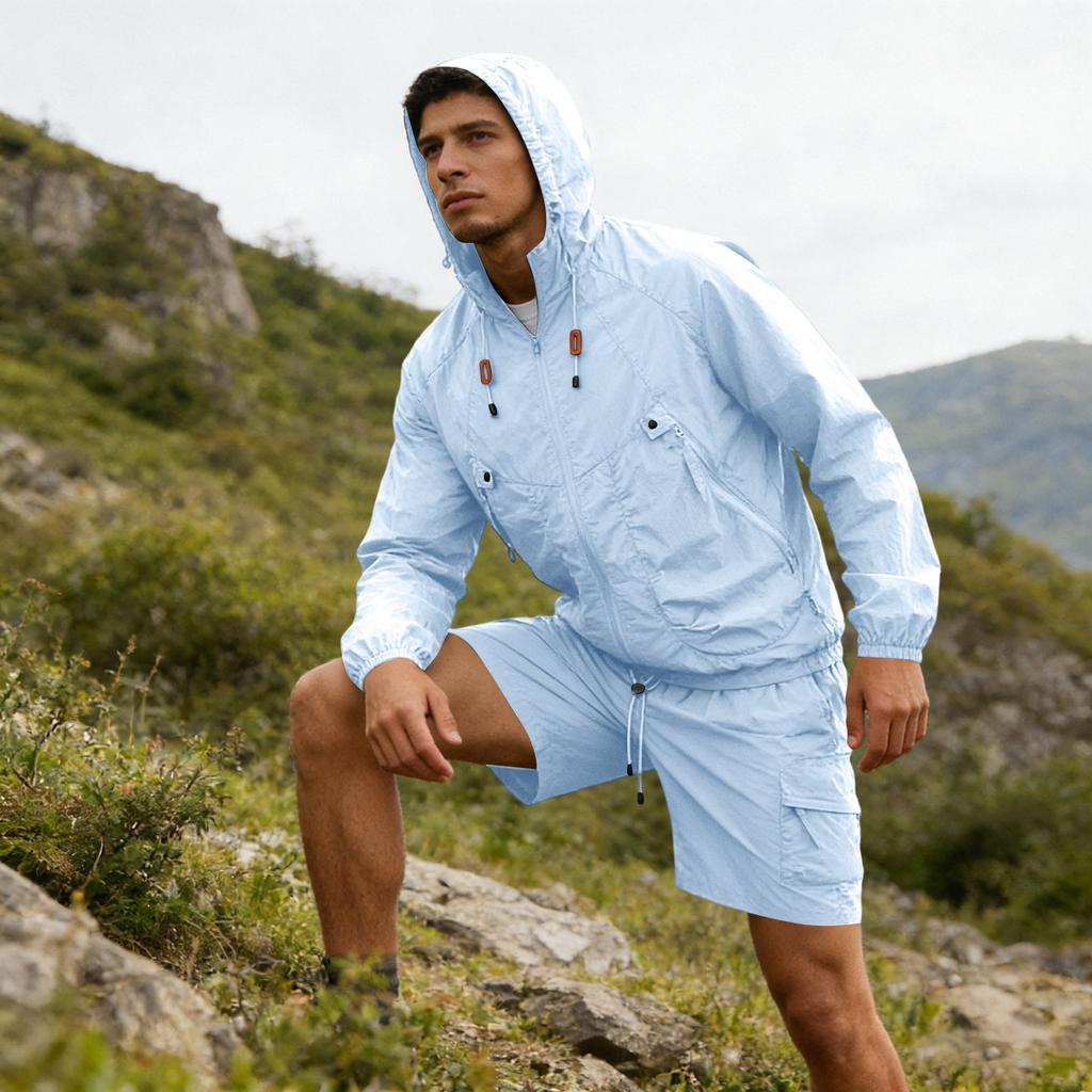 Men's Silk Quick-drying Hooded Coat With Sun , Thin , Casual Sports Sun Clothing, Shorts + Long-sleeved Set