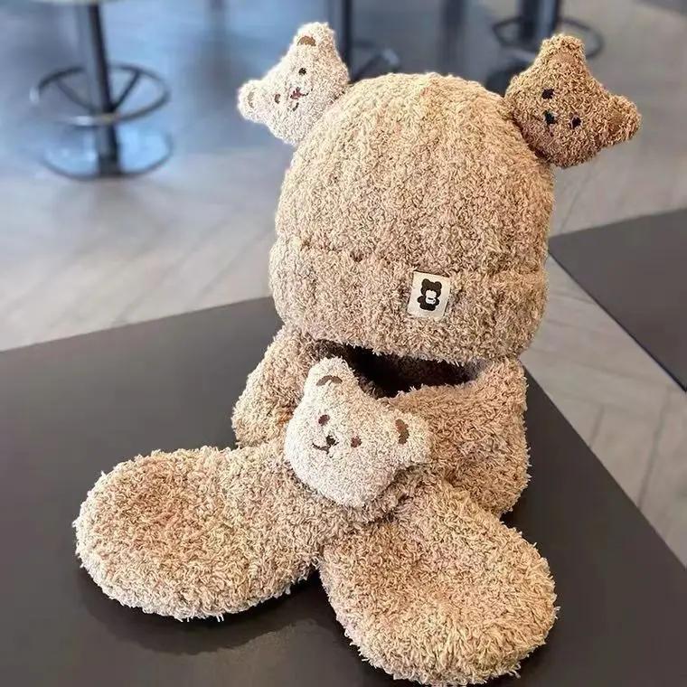 2er Set Winter Baby Mützen und Schal Niedlicher Bär Verdickte Warme Mützen für Jungen und Mädchen Winddichtes Fleece Kinder Baby Beanie