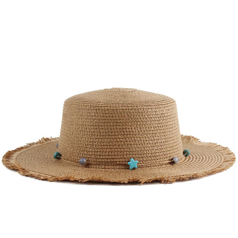 Spring and summer new women's flat top top top hat personalized fringed edge sunshade straw hat outdoor vacation hat